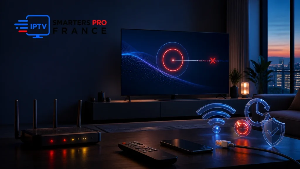 Abonnement IPTV ne fonctionne plus avec télévision, routeur, câble, symboles de diagnostic et logo IPTV Smarters Pro France entièrement visible