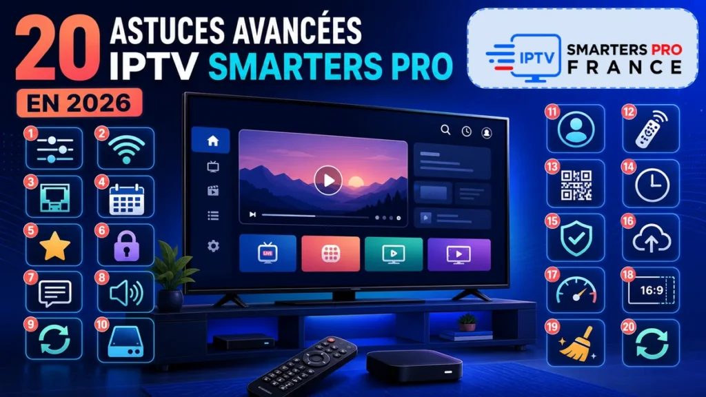 astuces iptv smarters pro 2026 avec interface avancée et logo officiel IPTV Smartres Pro France entièrement visible