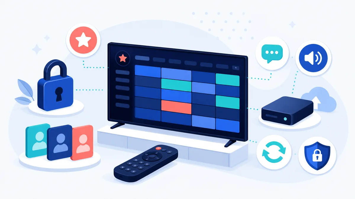 Organisation d’IPTV Smarters Pro : EPG, favoris, profils, contrôle parental et sauvegarde