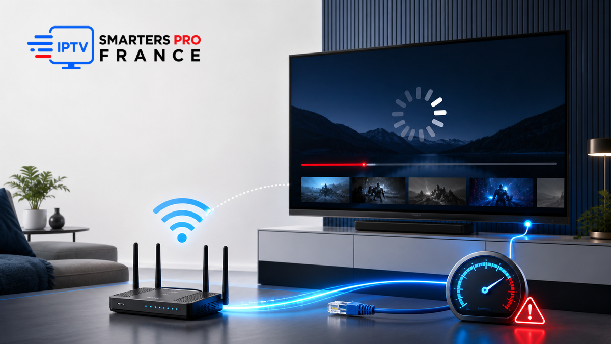 Buffering IPTV sur télévision avec routeur, câble Ethernet, jauge réseau et logo IPTV Smarters Pro France