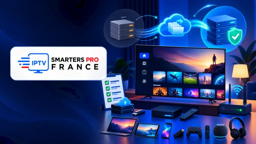 Changer fournisseur IPTV en 2026 avec migration sur appareils et logo transparent IPTV Smarters Pro dans la zone anti-recadrage