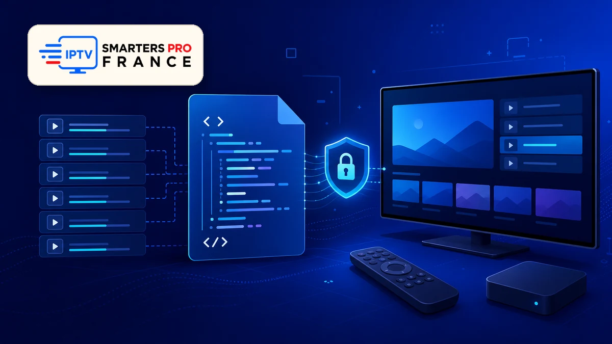 code iptv m3u en 2026 avec fichier de playlist sécurisé et logo IPTV Smarters Pro entièrement visible