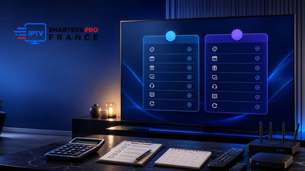Comparateur offres IPTV avec deux panneaux, calculatrice, checklist, calendrier, télécommandes, routeur et logo IPTV Smarters Pro France entièrement visible