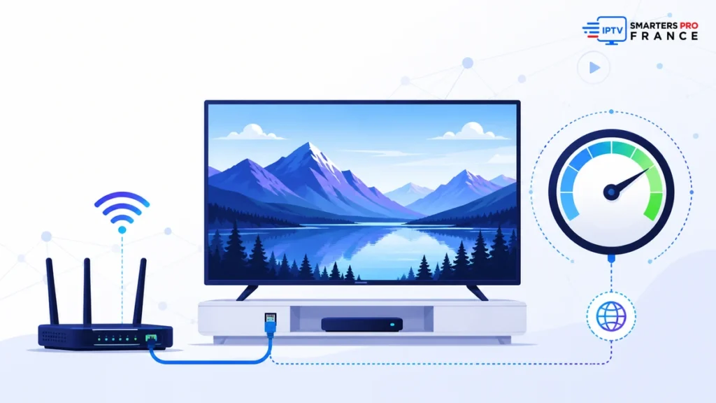 Débit IPTV 4K avec télévision UHD, routeur, Ethernet et indicateur de vitesse