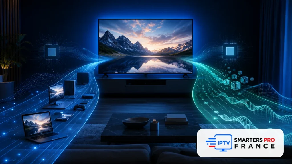 H264 H265 IPTV comparés sur télévision avec flux vidéo, puces de décodage et logo officiel IPTV Smarters Pro France