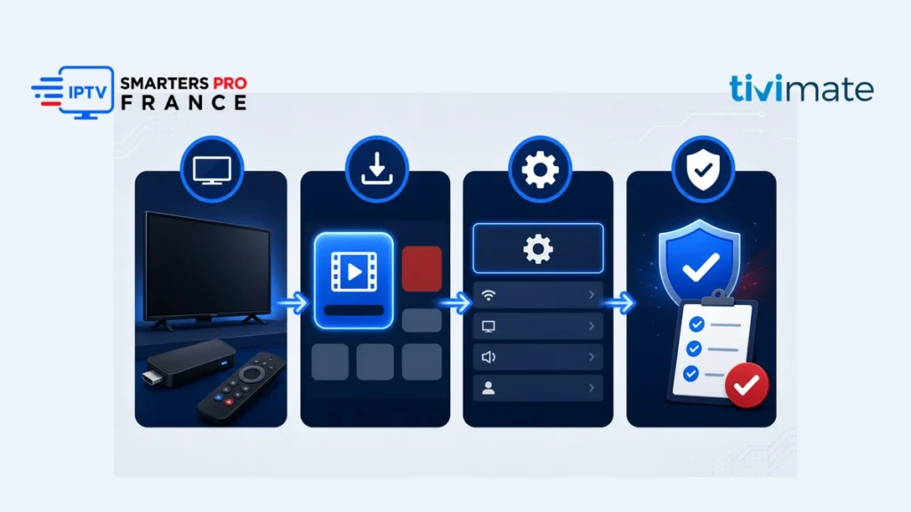 Guide tivimate iptv sur Fire TV Stick avec logos Smartres et TiviMate visibles
