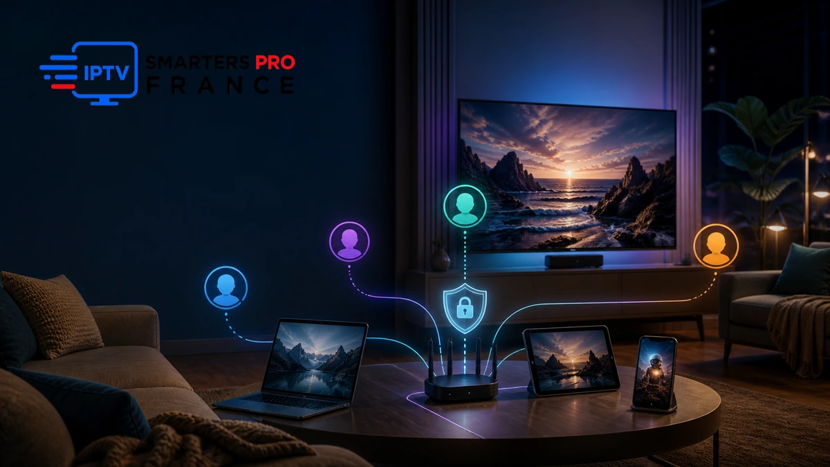 IPTV familial multi utilisateurs avec télévision, ordinateur, tablette, téléphone, profils séparés et logo IPTV Smarters Pro France entièrement visible