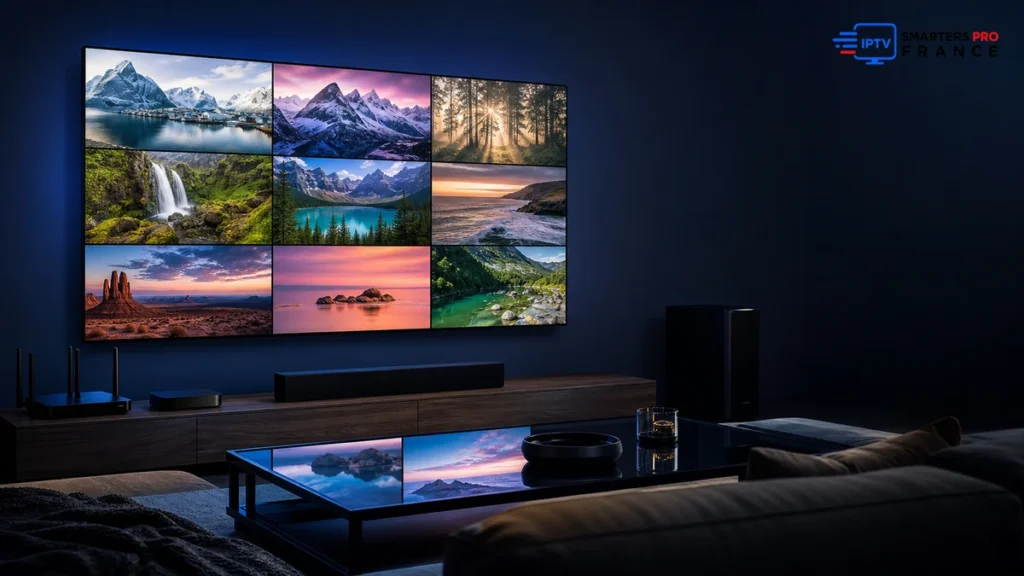 IPTV Premium 4K sur grand téléviseur avec images UHD et équipement réseau