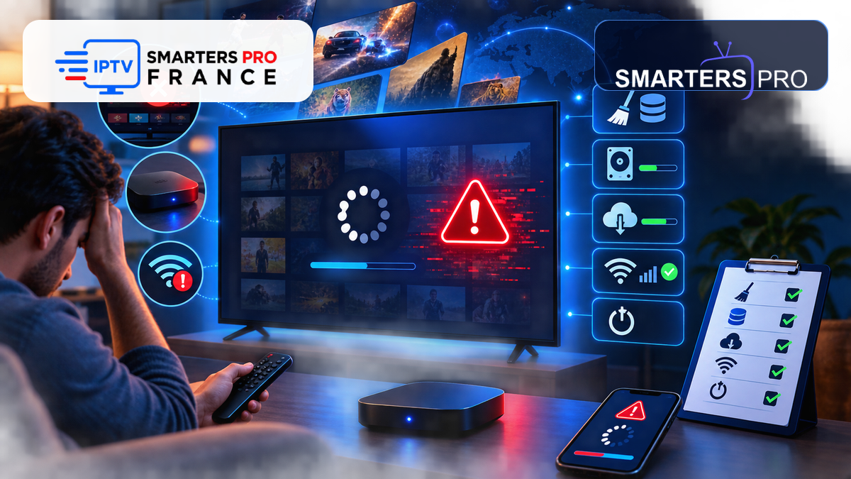 IPTV Smarters crash au démarrage avec télévision, boîtier Android, cache, stockage, réseau et logos officiels entièrement visibles