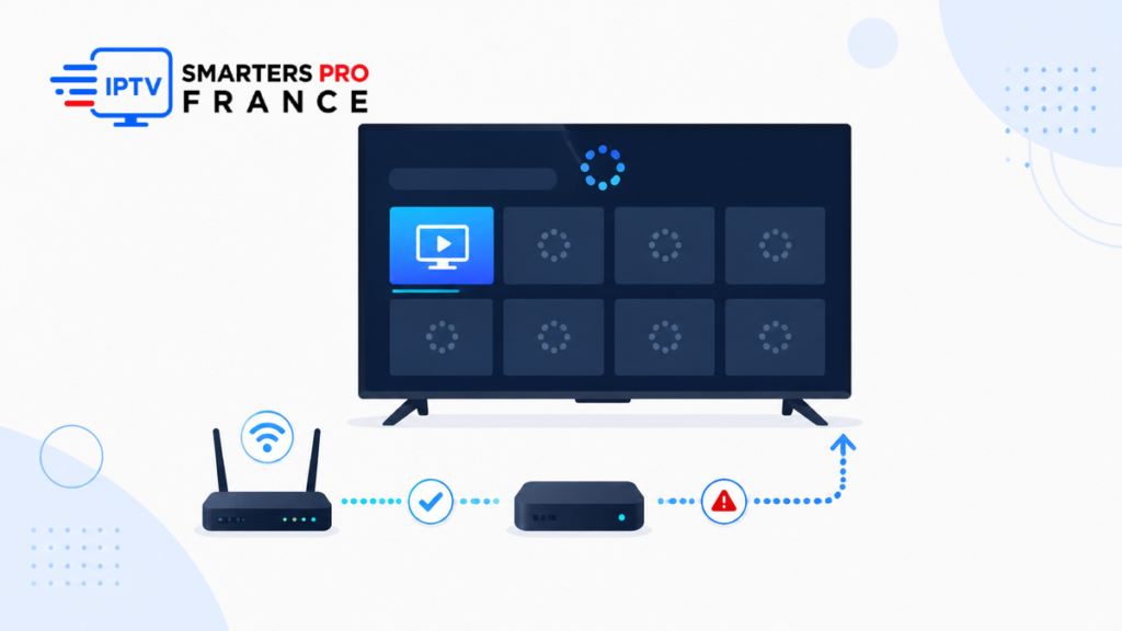 IPTV Smarters ne charge pas les chaînes avec télévision, routeur, boîtier et logo IPTV Smarters Pro France