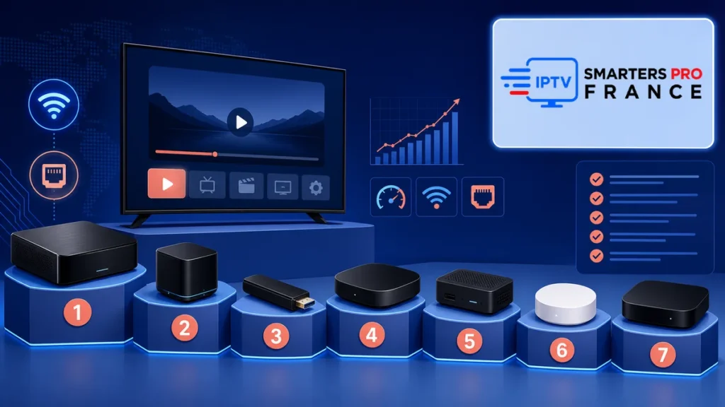 meilleur boitier iptv 2026 avec sept appareils comparés et logo officiel IPTV Smartres Pro France entièrement visible