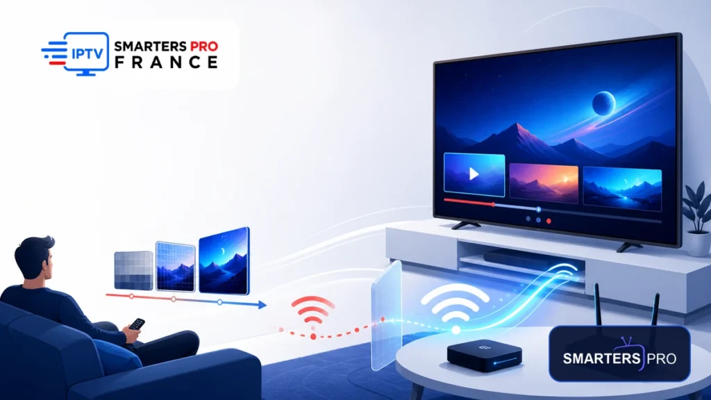 Optimiser IPTV connexion faible avec IPTV Smarters Pro, routeur Wi-Fi, flux adaptatif et logos officiels visibles