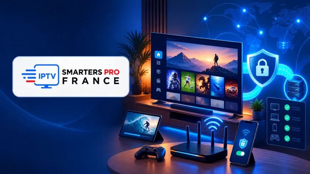 Sécuriser IPTV en 2026 avec télévision, routeur, bouclier et logo IPTV Smarters Pro France