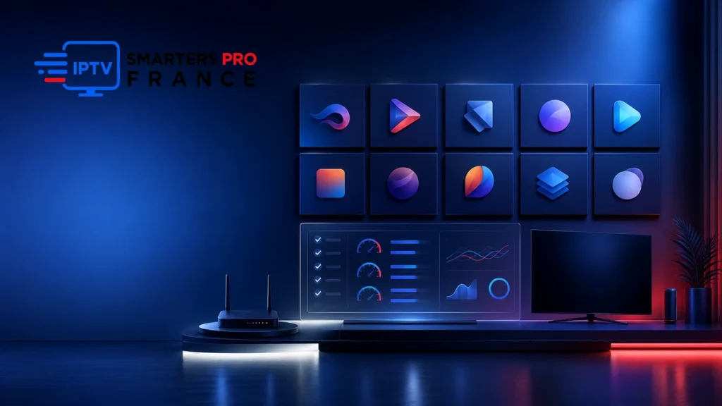 Test fournisseurs IPTV avec dix services évalués, tableau de contrôle, télévision, routeur et logo IPTV Smarters Pro France entièrement visible