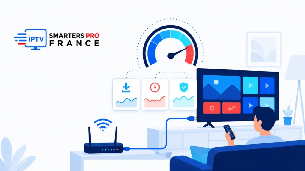 Testeur debit IPTV interactif avec jauge, routeur, Ethernet, télévision et logo officiel IPTV Smarters Pro France entièrement visible