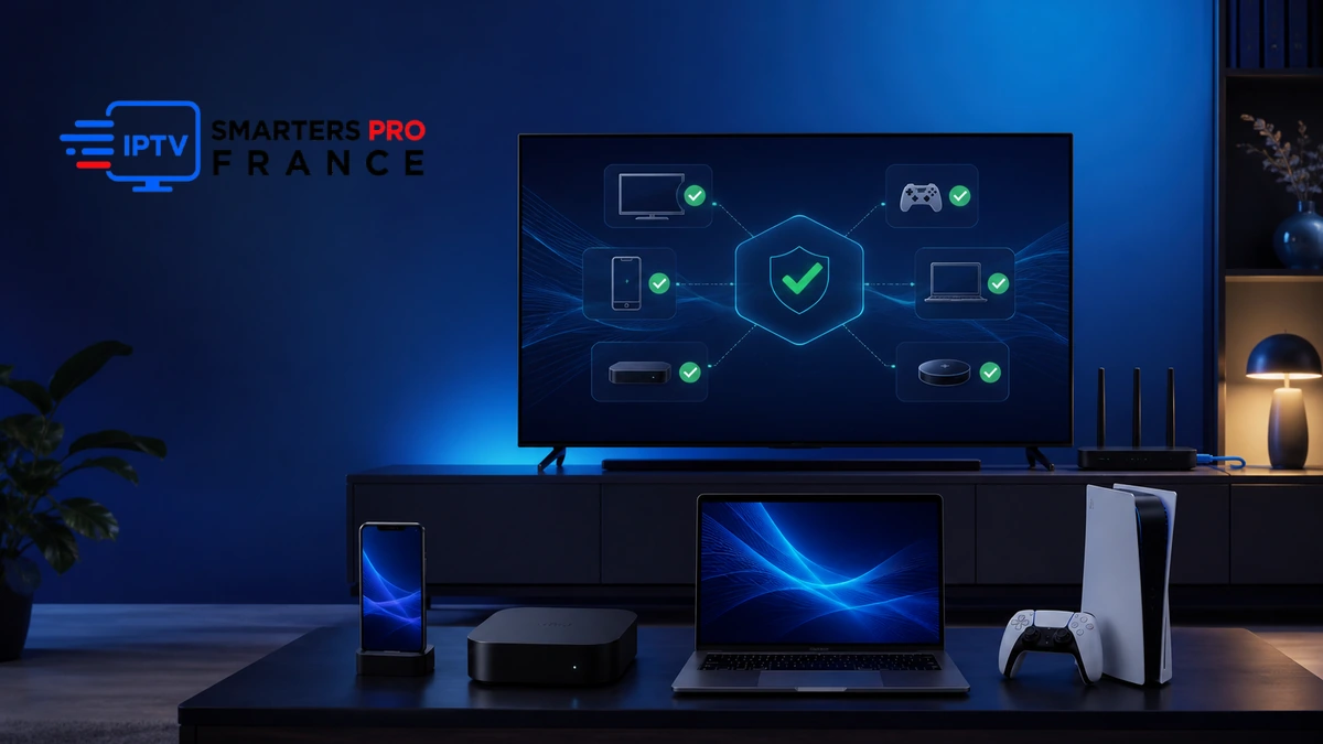 Verificateur compatibilite IPTV avec télévision, téléphone, ordinateur, boîtier, console, routeur et logo IPTV Smarters Pro France entièrement visible